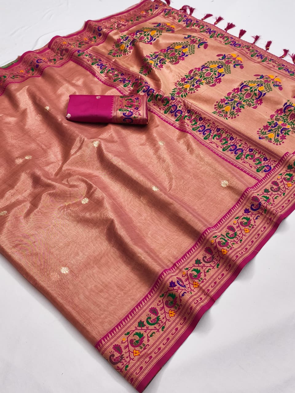 Pink soft tissue paithani silk saree with zari weaving work
