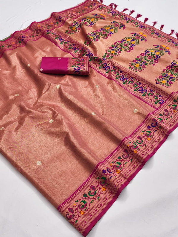 Pink soft tissue paithani silk saree with zari weaving work