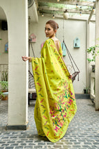 Traditional parrot green paithani silk saree with zari weaving work