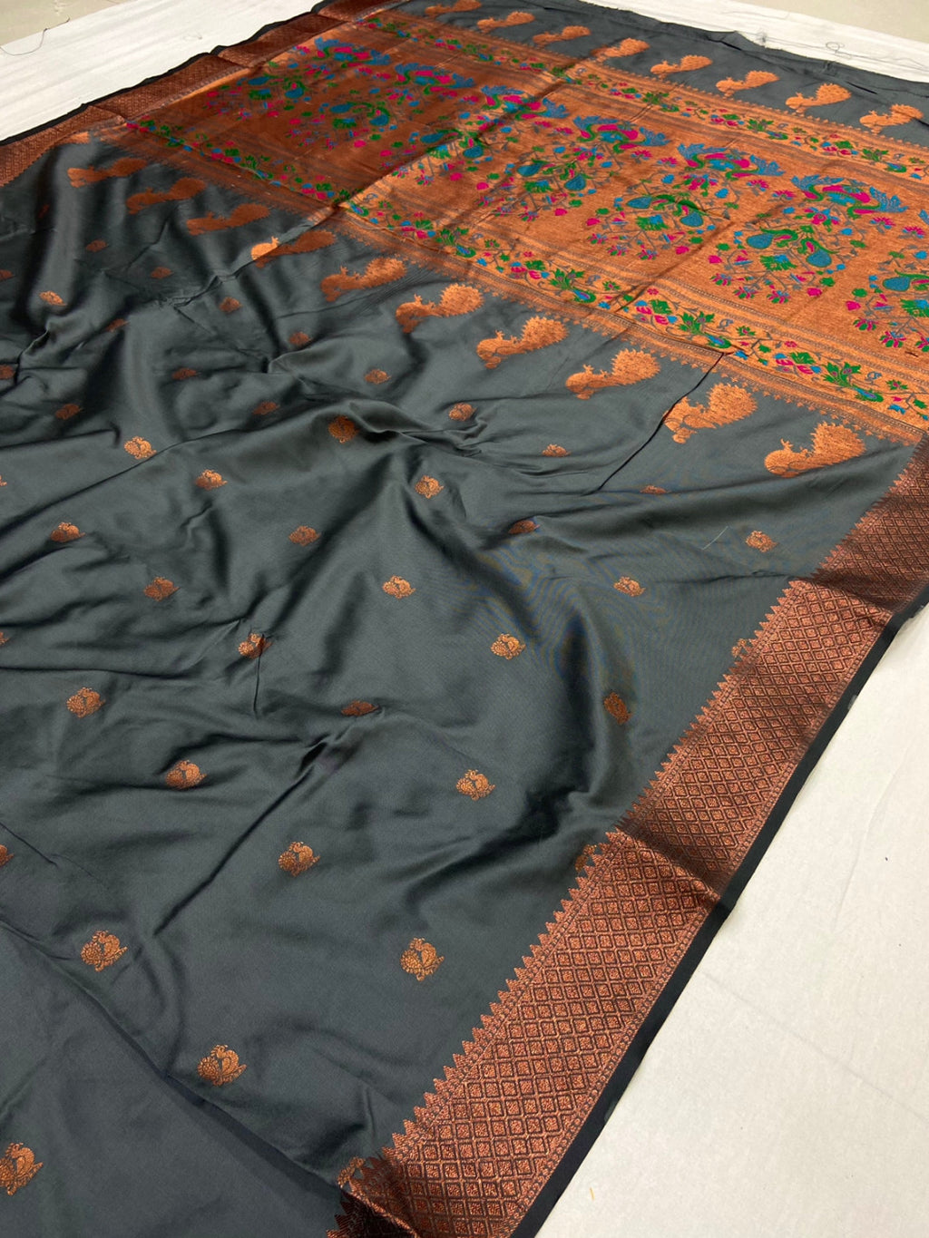 Gray color paithani silk saree with zari weaving work
