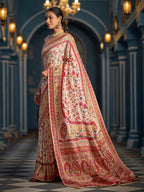 Beige exclusive pure pashmina silk saree with woven design