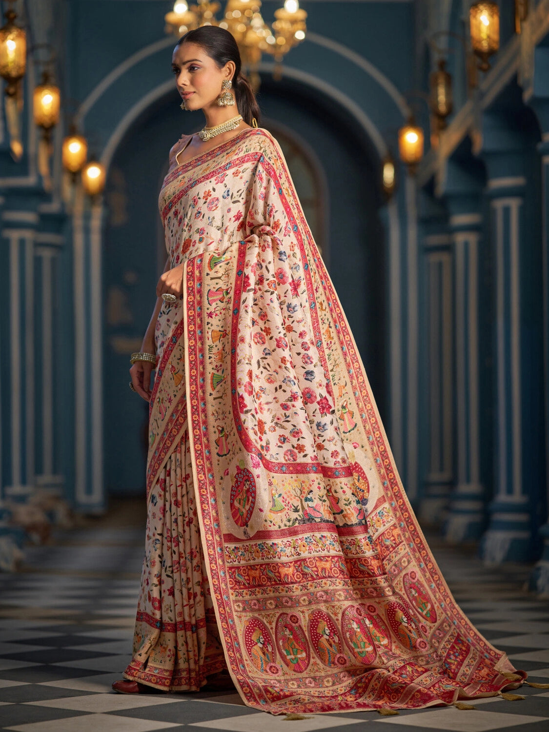 Beige exclusive pure pashmina silk saree with woven design
