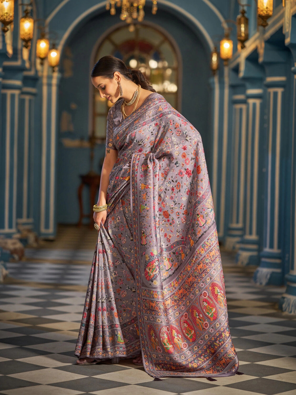 Lavender exclusive pure pashmina silk saree with woven design