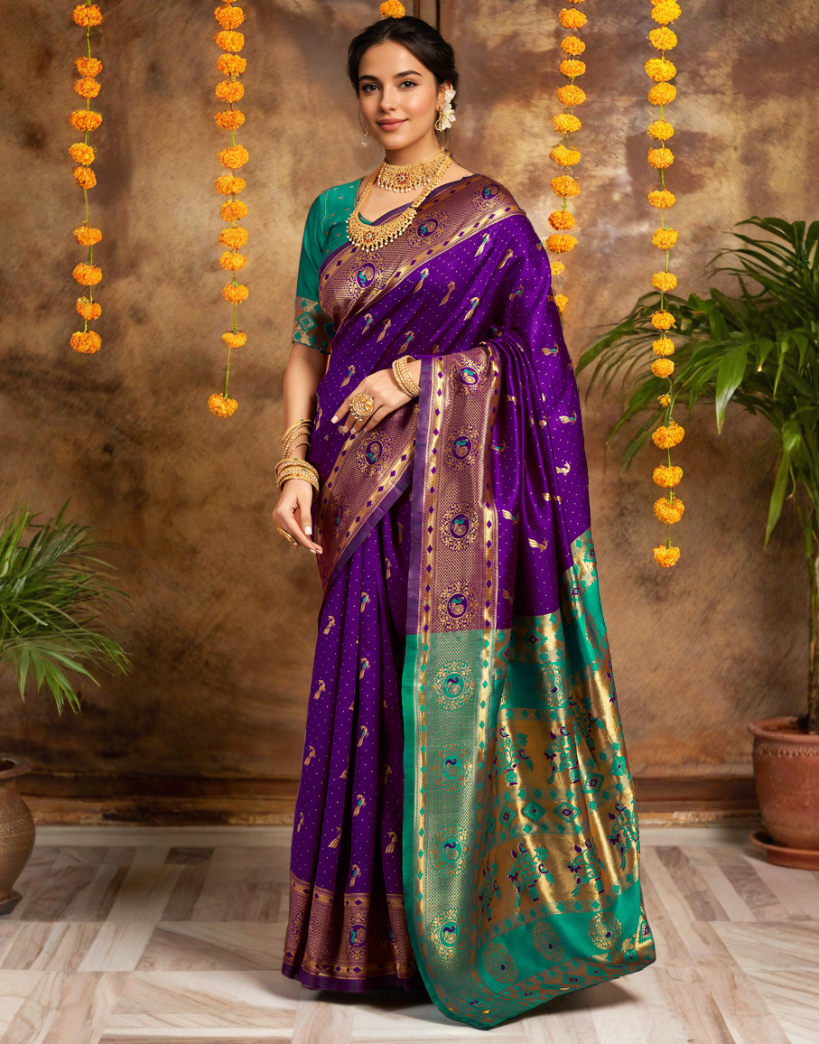 Traditional purple paithani silk saree with zari weaving work