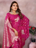 Dark pink traditional banarasi silk saree with zari weaving work