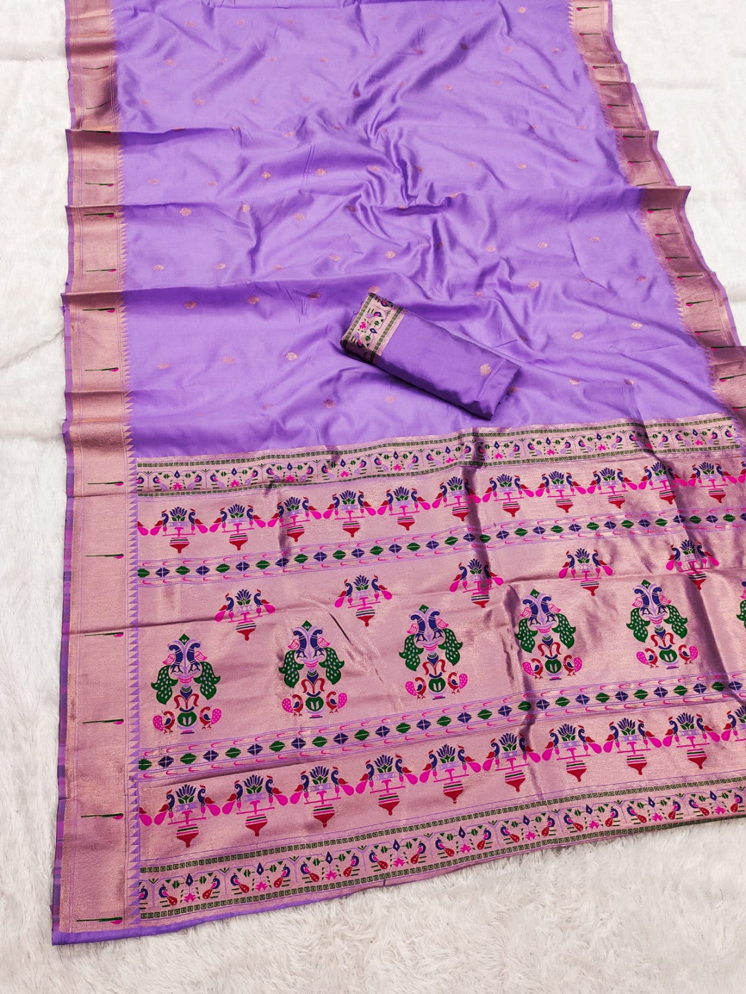 Lavender lichi silk paithani saree with copper zari weaving work