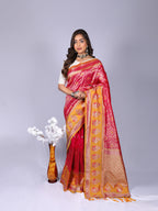 Rani pink color kanchipuram silk saree with zari weaving work