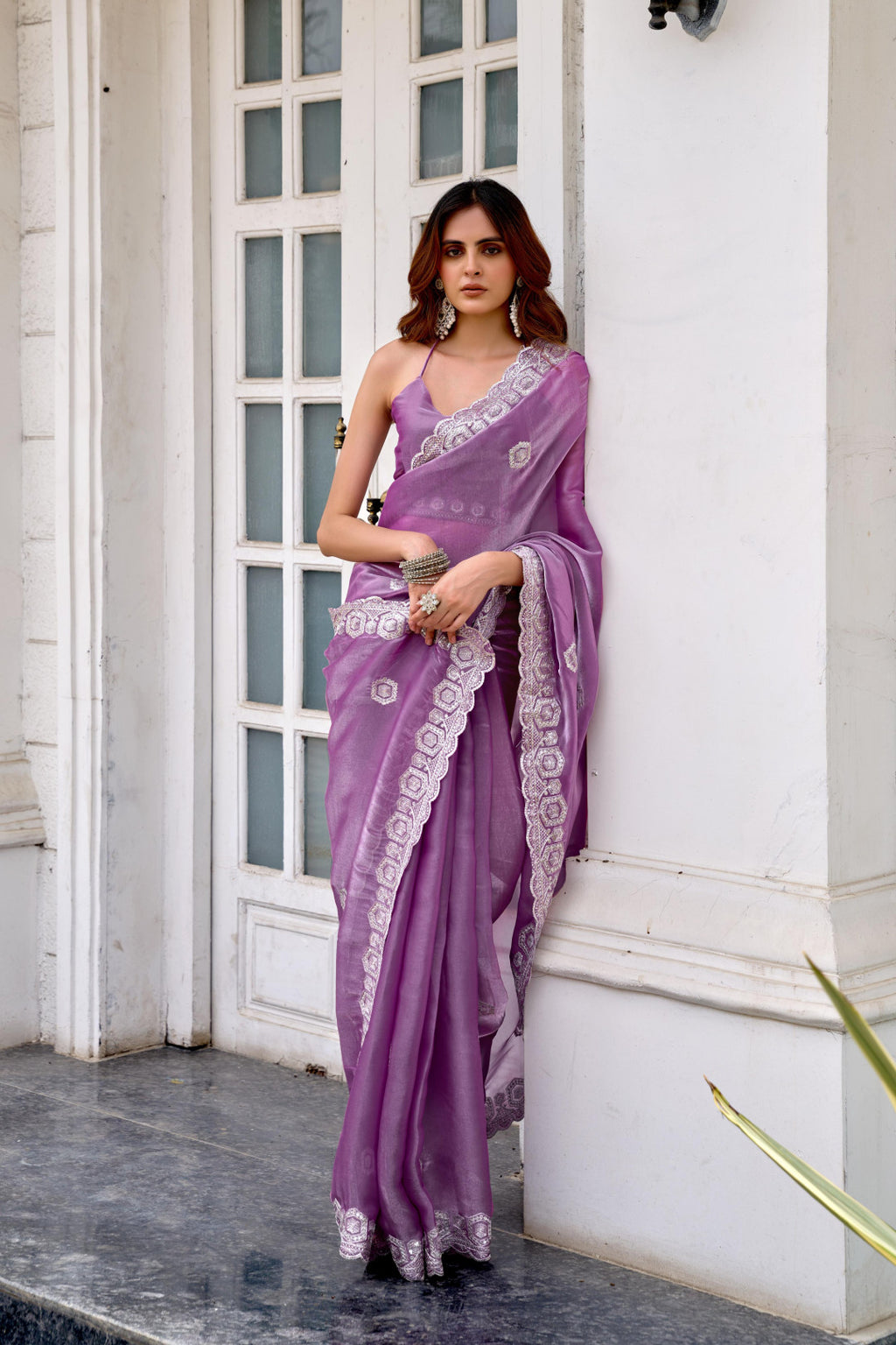 Lavender fancy shimmer chiffon saree with embroidery work