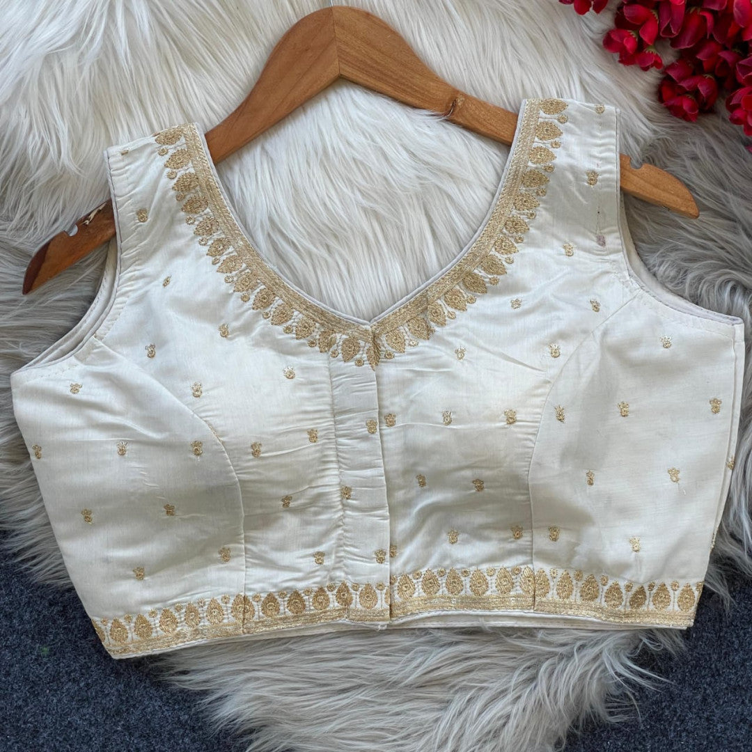 White sequence and embroidery roman silk readymade blouse