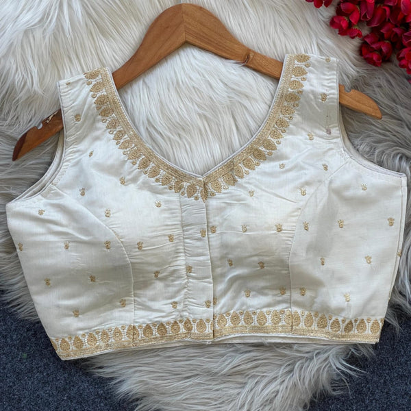 White sequence and embroidery roman silk readymade blouse