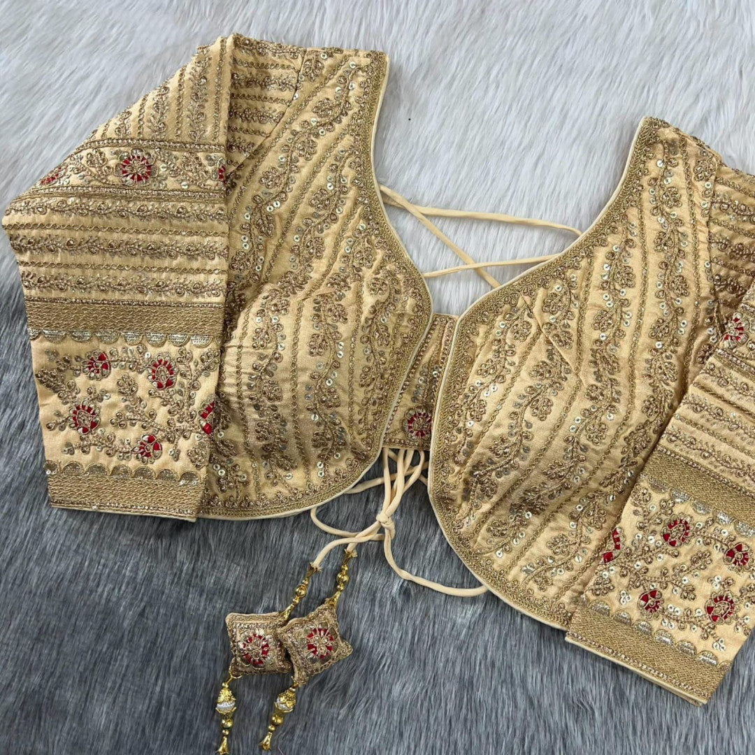 Beige zari weaving embroidery & sequence work designer readymade blouse