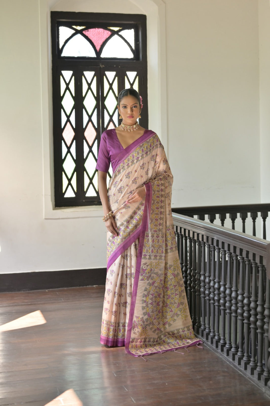 Beige color madhubani printed tussar silk saree