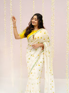 Trendy linen | White linen cotton saree with digital printed work