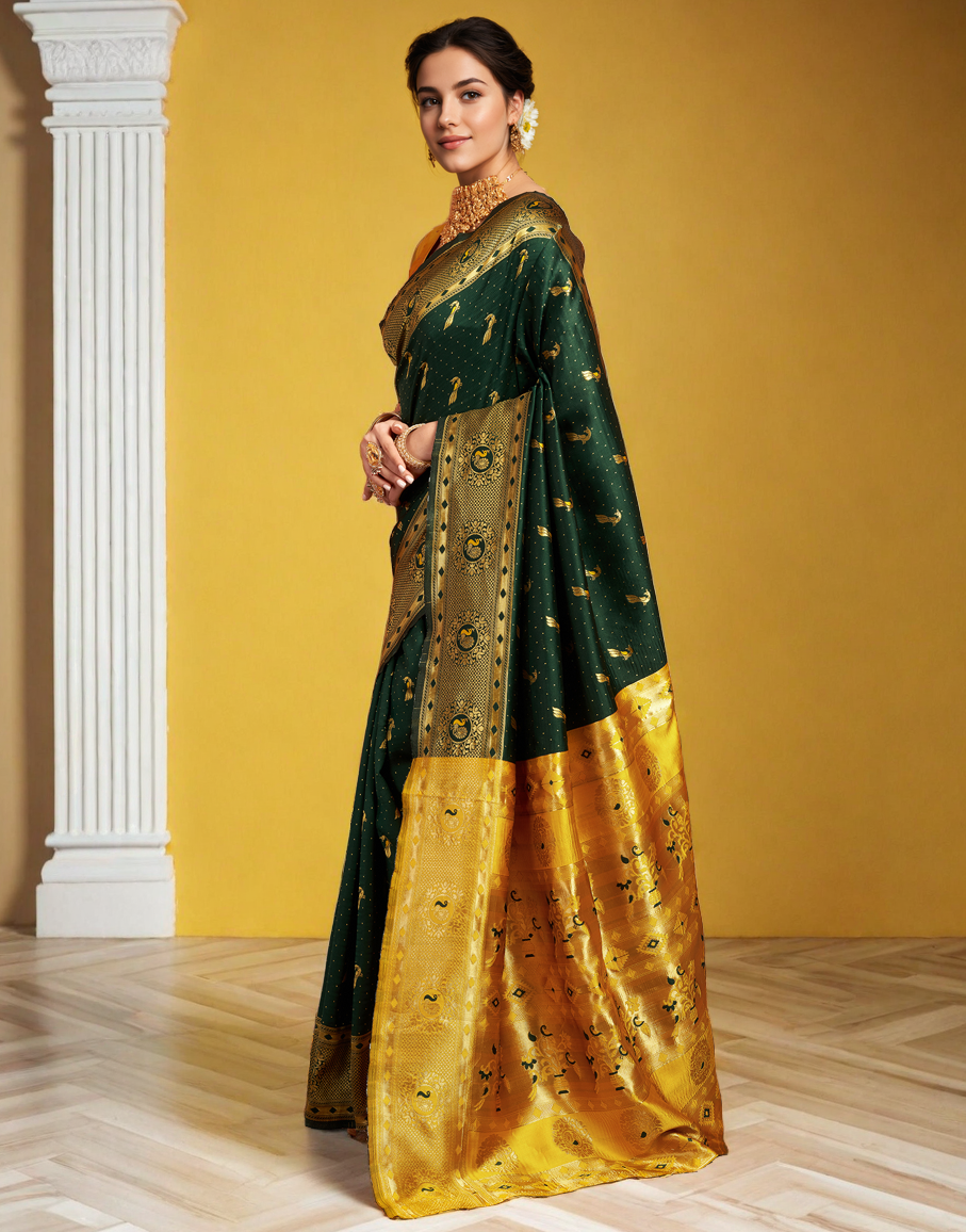 Traditional green paithani silk saree with zari weaving work
