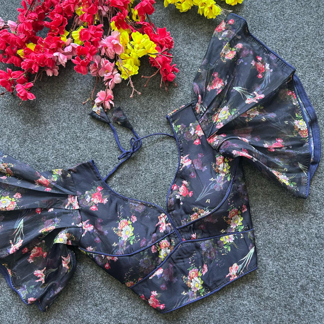 Navy blue pure organza readymade blouse with printed work