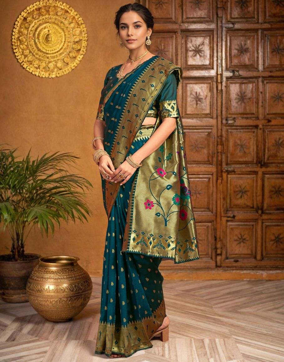Traditional morpeach paithani silk saree with zari weaving work