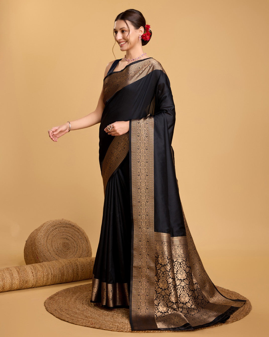 Black color soft kanchipuram silk saree with zari weaving work
