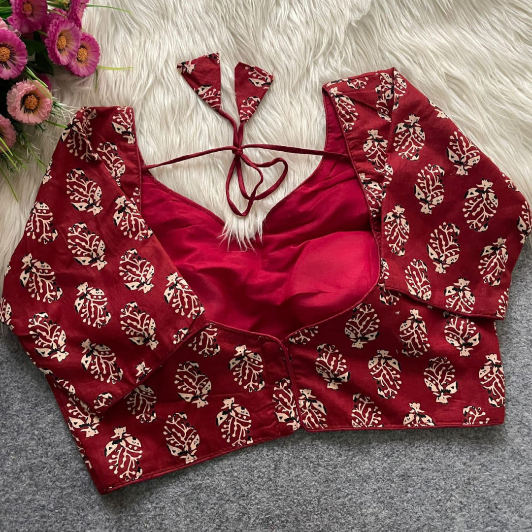 Maroon colour ajarakh printed cotton readymade blouse