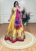 Yellow and pink color dola silk lehenga with foil and patola printed work
