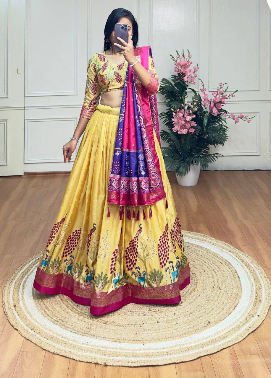 Yellow and pink color dola silk lehenga with foil and patola printed work