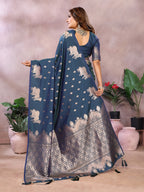 Teal blue traditional banarasi silk saree with zari weaving work