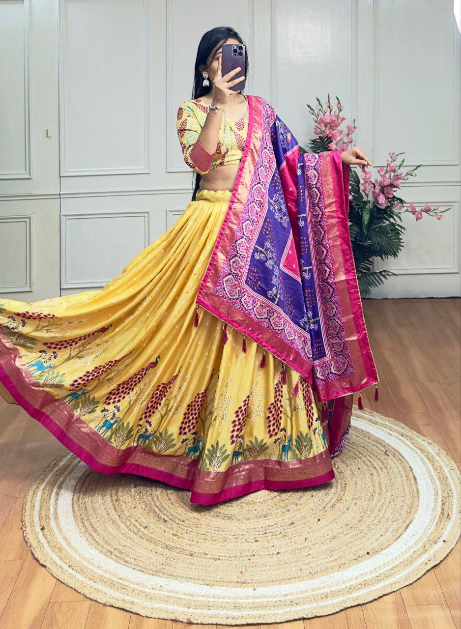 Yellow and pink color dola silk lehenga with foil and patola printed work