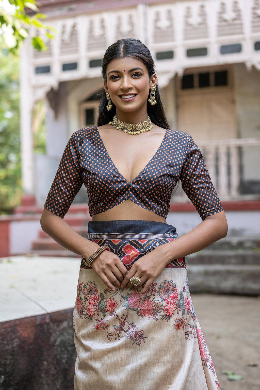 Black color soft tussar silk saree with patola printed work