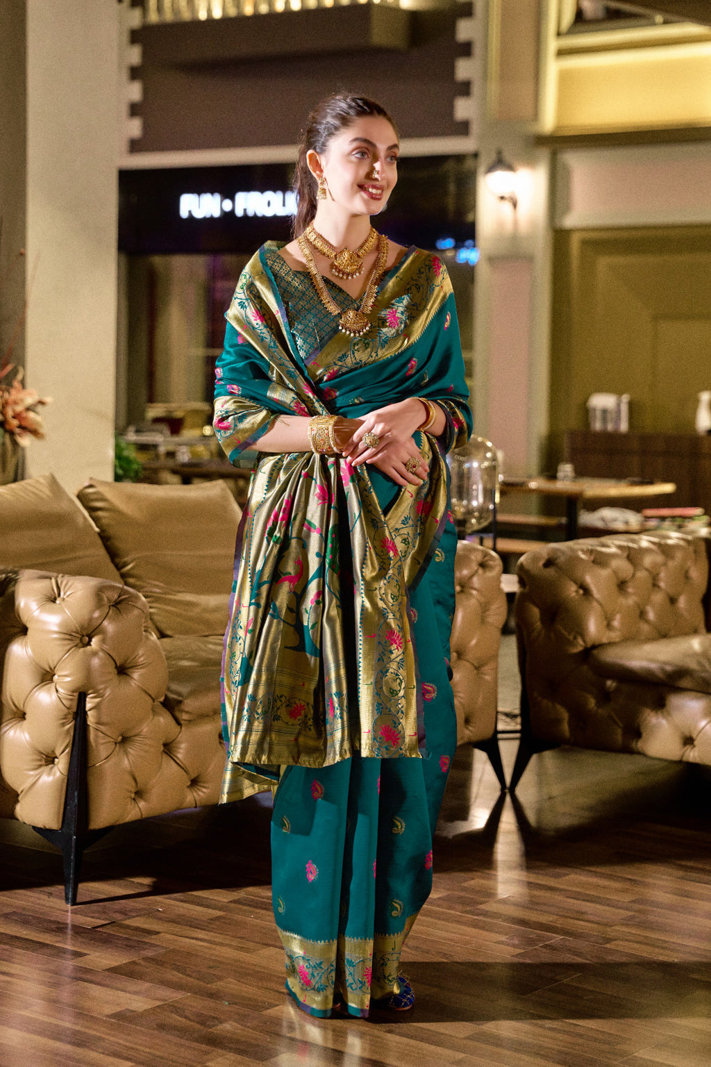 Traditional morpeach paithani silk saree with zari weaving work