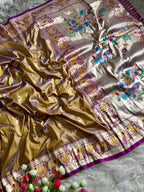 Mustard yellow traditional paithani silk saree with peacock zari weaving work