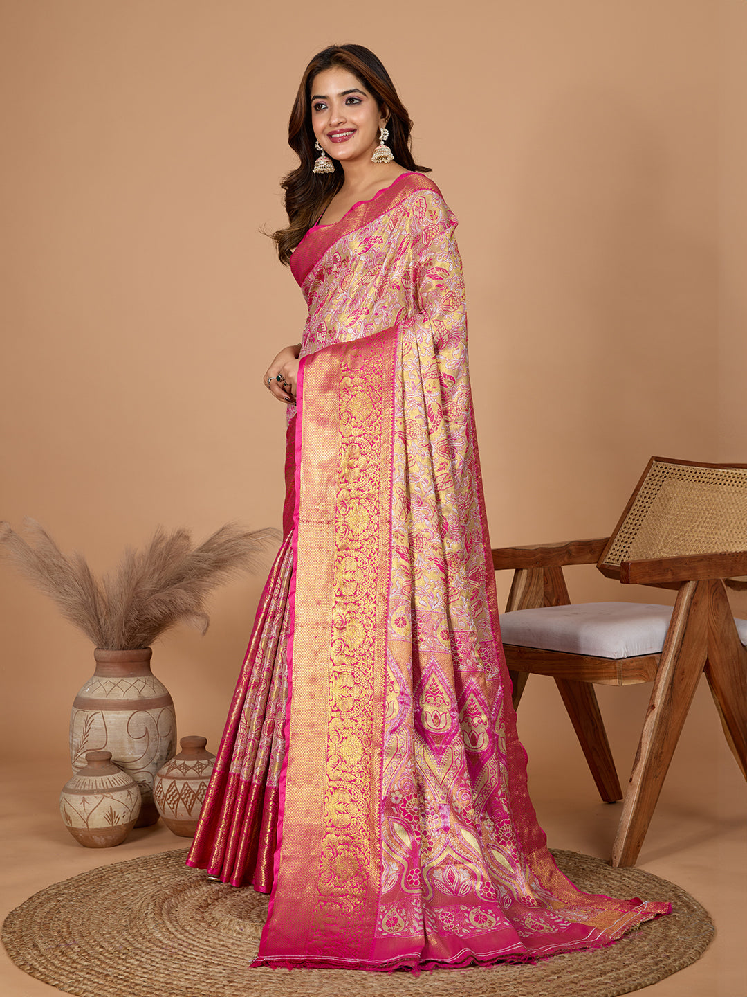 Peach kanjivaram silk saree with zari weaving work