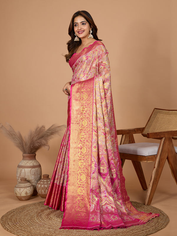 Peach kanjivaram silk saree with zari weaving work