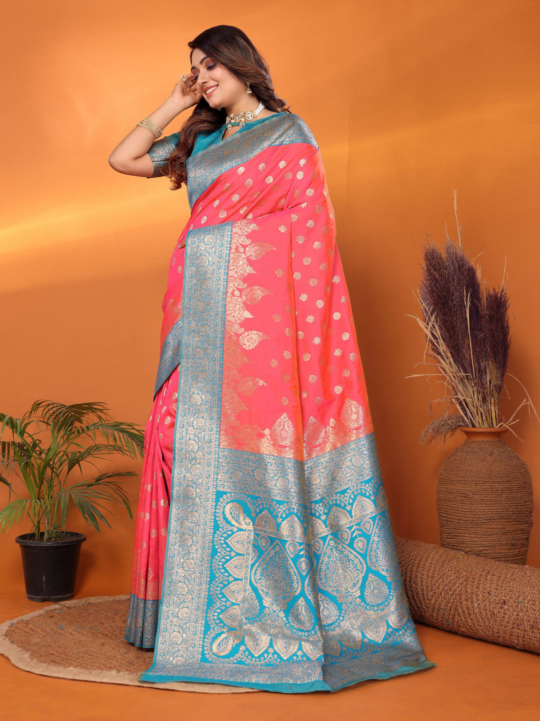 Peach traditional banarasi silk saree with zari weaving work