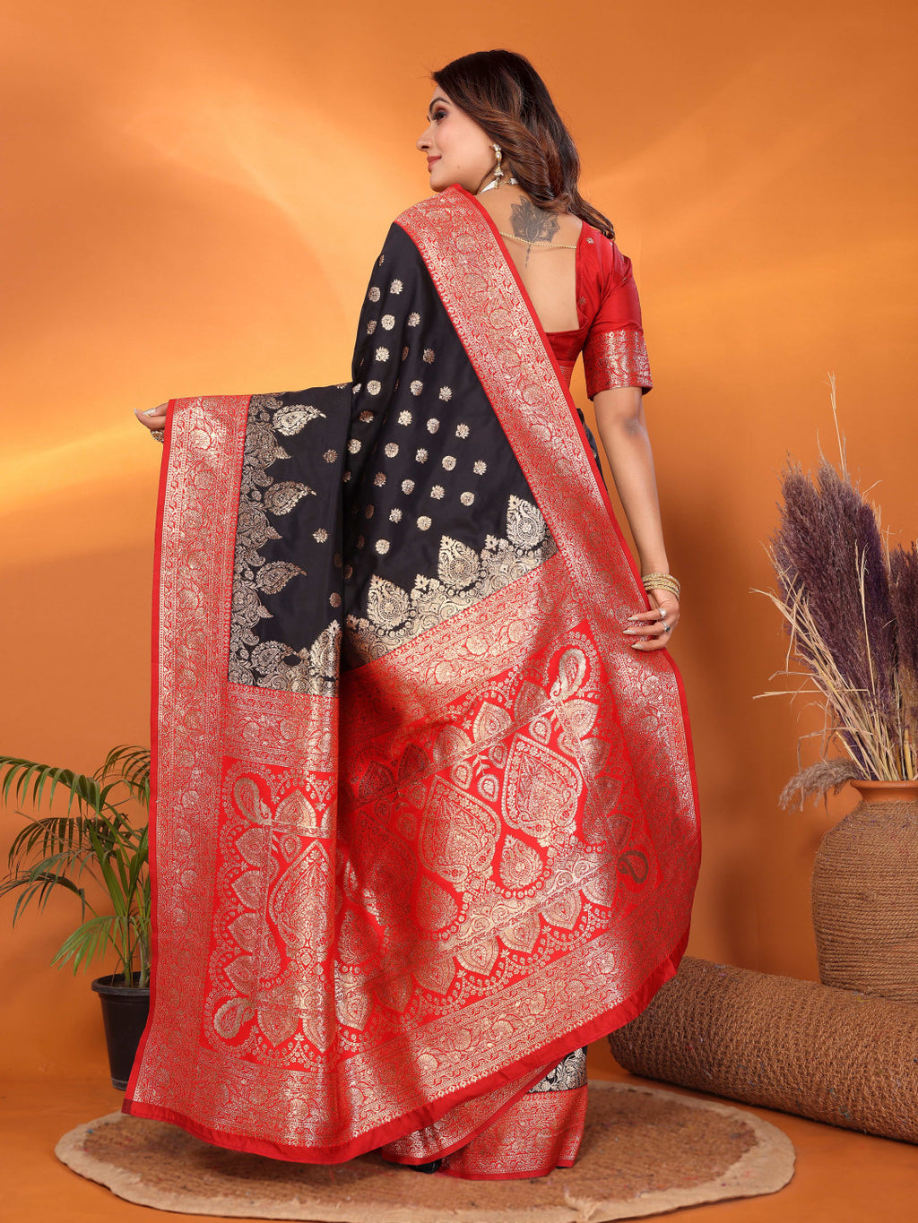 Black traditional banarasi silk saree with zari weaving work