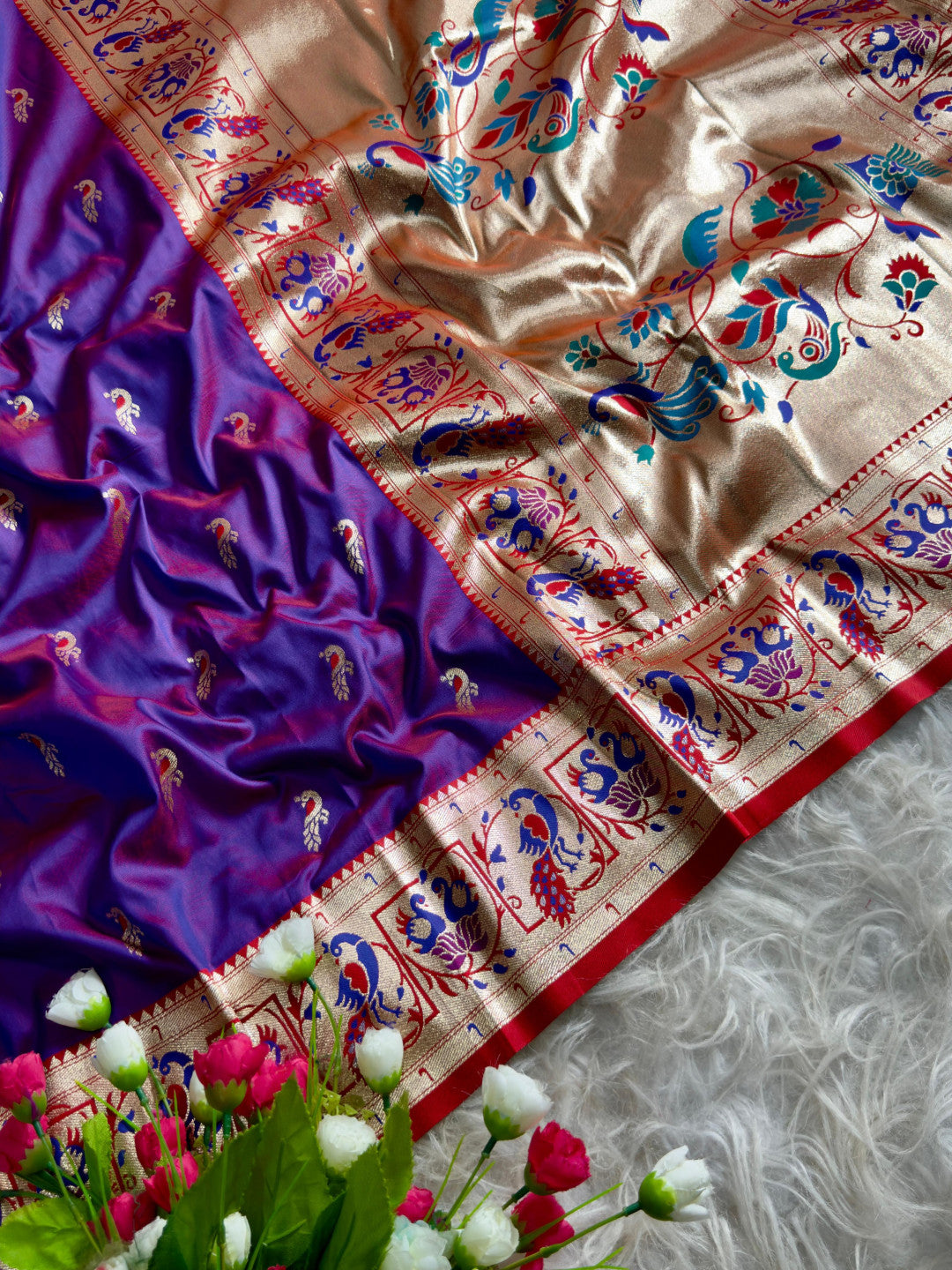 Purple traditional paithani silk saree with peacock zari weaving work