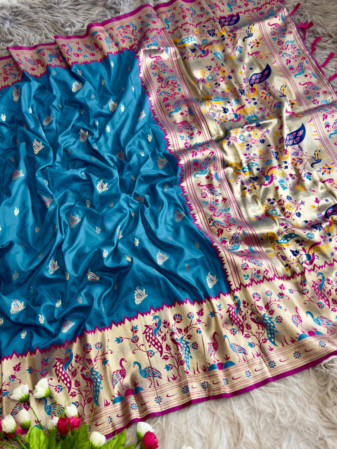 Sky blue traditional paithani silk saree with peacock zari weaving work