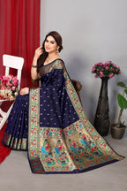 Navy blue color paithani silk saree with zari weaving work