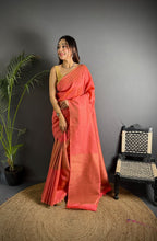 Peach color banarasi silk saree with zari weaving work