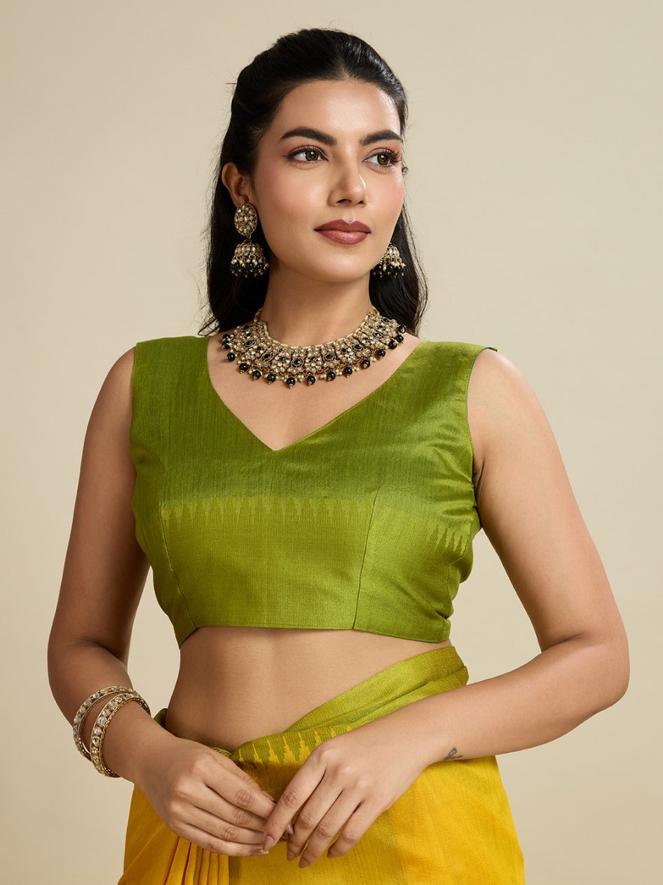 Yellow color khadi raw silk saree with zari lining pallu with tample border