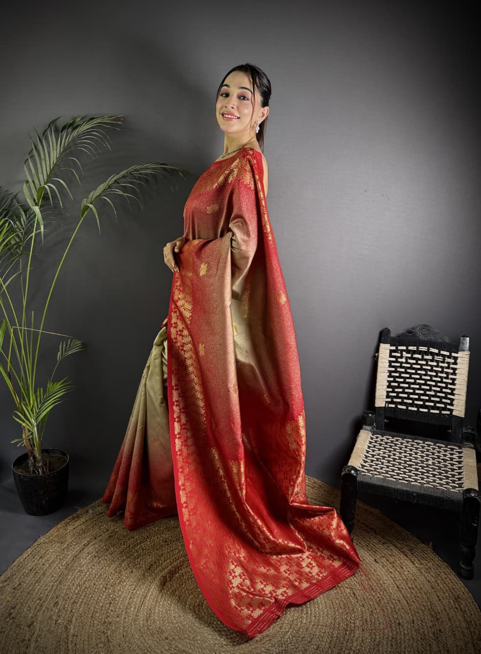 Beige color banarasi silk saree with zari weaving work