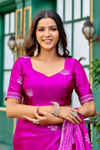 Rani pink fancy shimmer chiffon saree with embroidery work