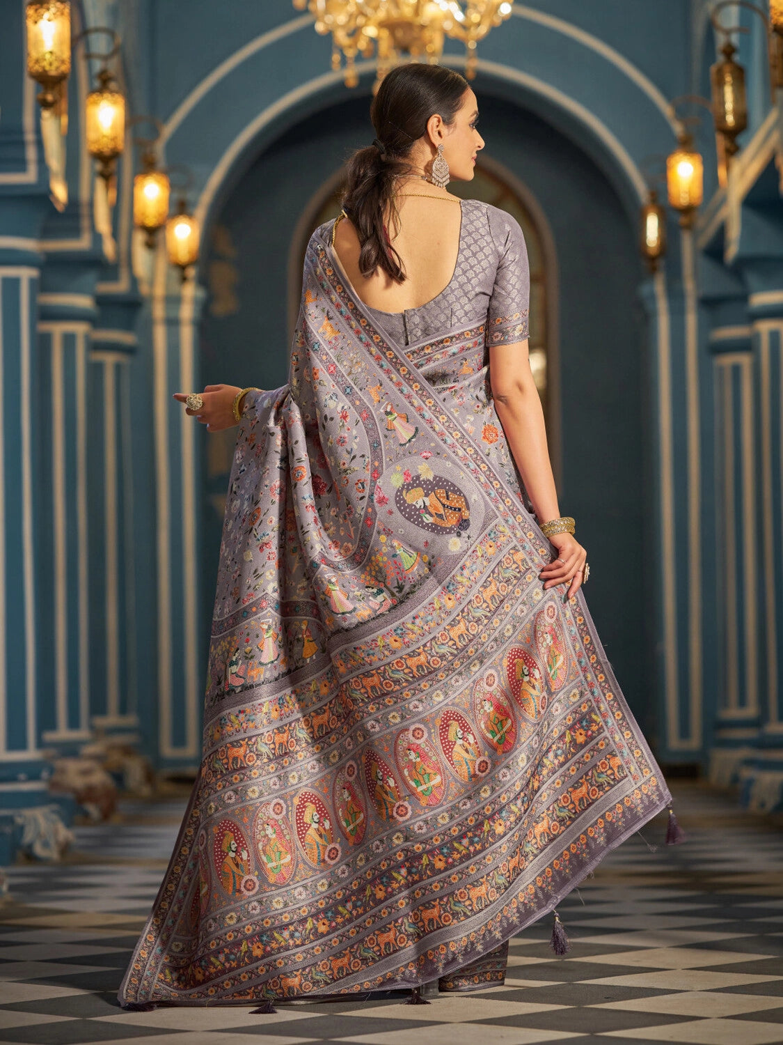 Lavender exclusive pure pashmina silk saree with woven design