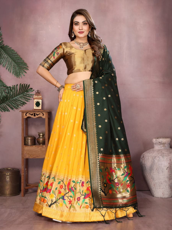 Yellow color jecquard paithani silk lehenga with zari weaving work