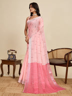 Baby pink linen cotton saree with digital printed work and silver zari border