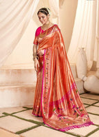 Orange soft tissue paithani silk saree with zari weaving work