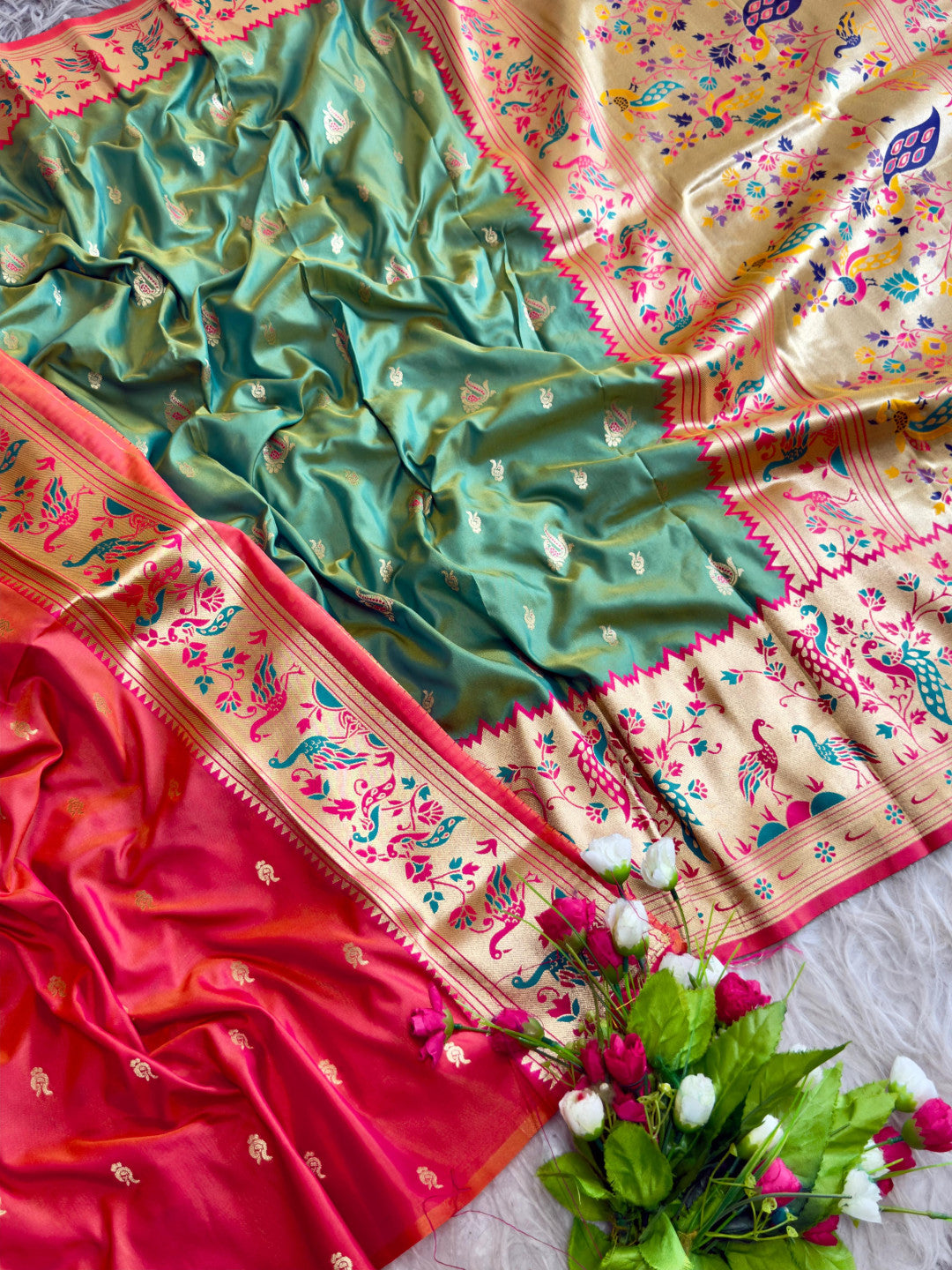 Parrot green traditional paithani silk saree with peacock zari weaving work