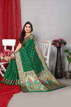 Dark green color paithani silk saree with zari weaving work