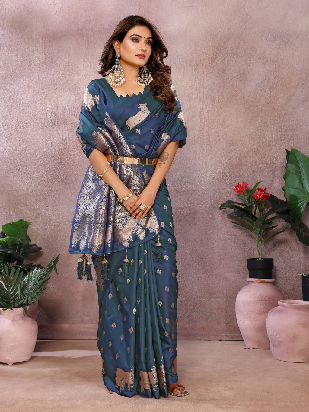 Teal blue traditional banarasi silk saree with zari weaving work