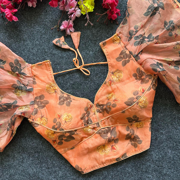 Light yellow pure organza readymade blouse with printed work