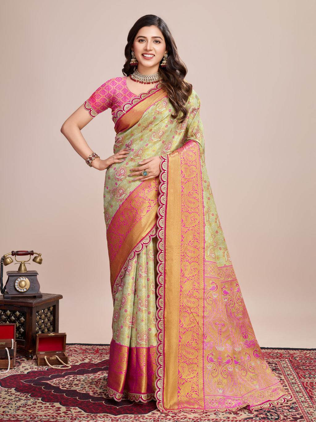 Pista green kanjivaram silk saree with zari weaving work