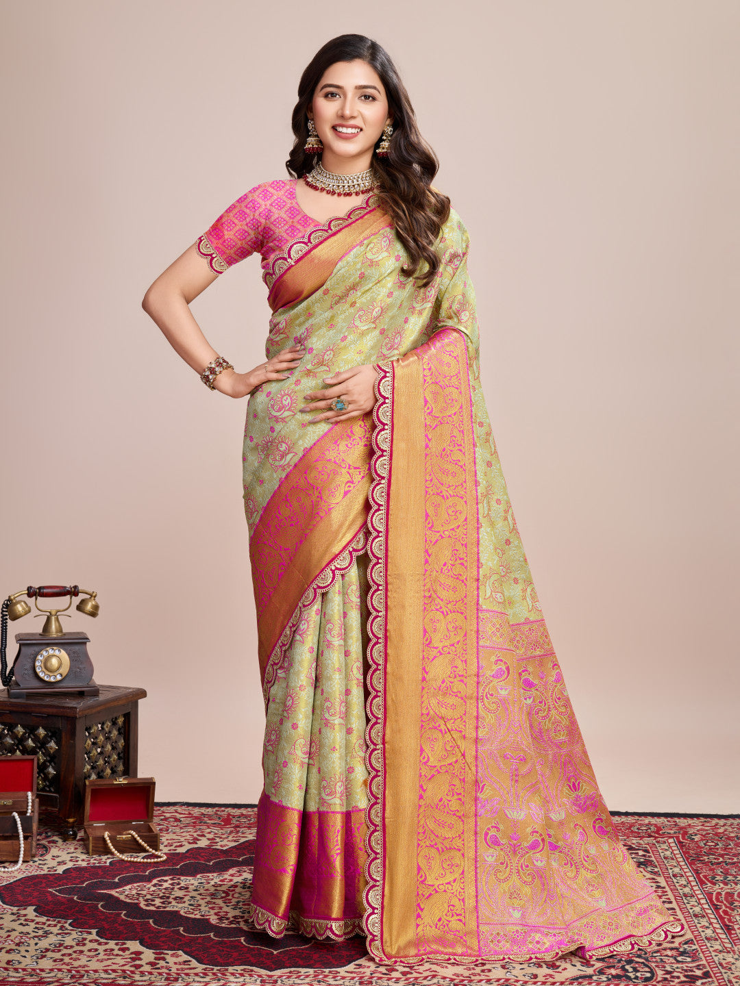 Pista green kanjivaram silk saree with zari weaving work